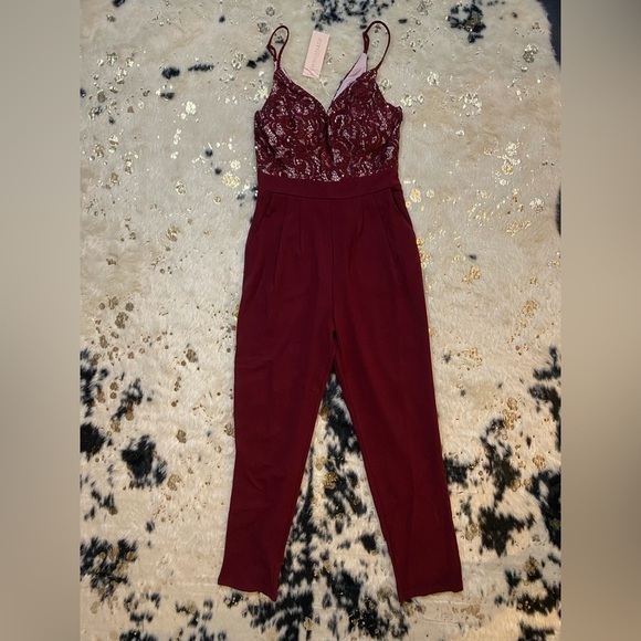 Skirt and Stiletto Women's Wine Red Lace Sleeveless Straight Leg Jumpsuit - Picture 1 of 7